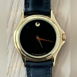 Movado Vintage Ladies Watch Black Dial Gold Case Black Leather Strap New Battery